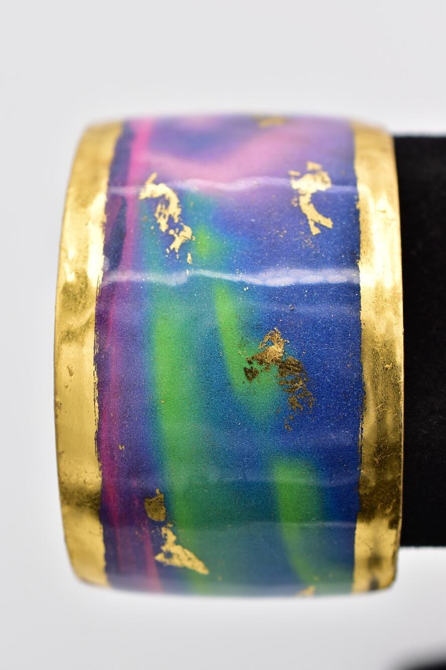 Evocateur Aurora Borealis Cuff Bracelet 22K Gold Leaf Chunky Signed RARE Bin6
